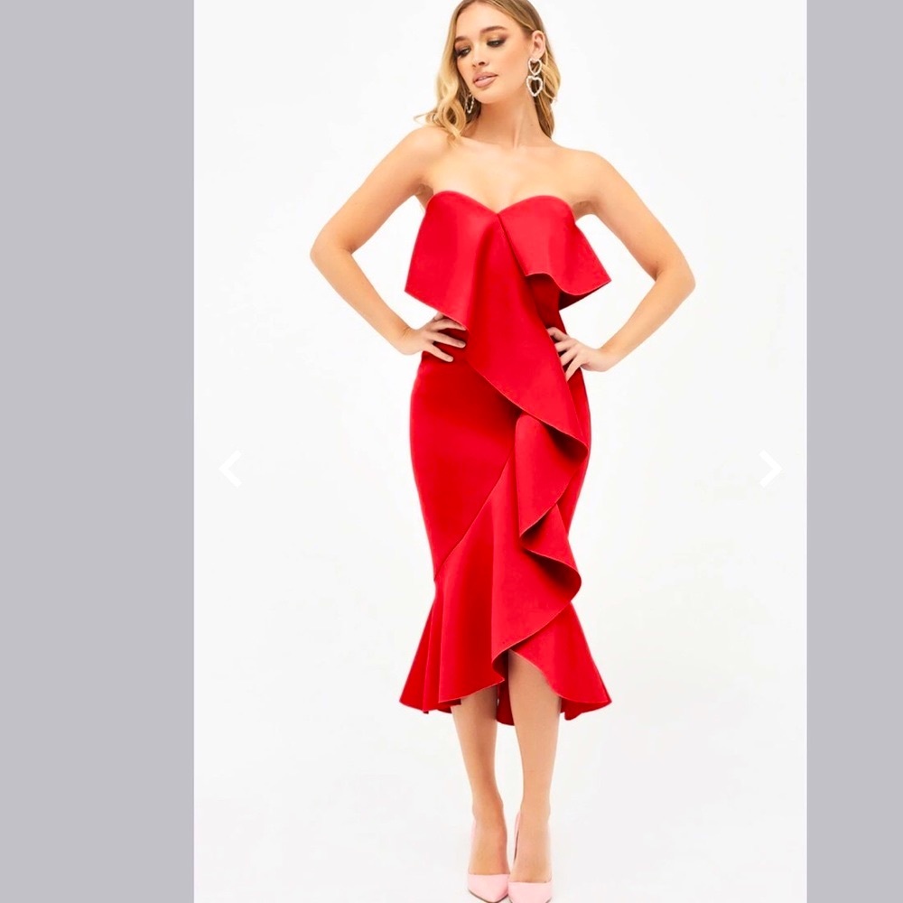 Lavish Alice exaggerated frill bandeau scuba midi dress in red